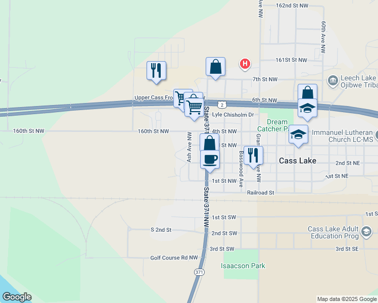 map of restaurants, bars, coffee shops, grocery stores, and more near Ash Avenue Northwest in Cass Lake