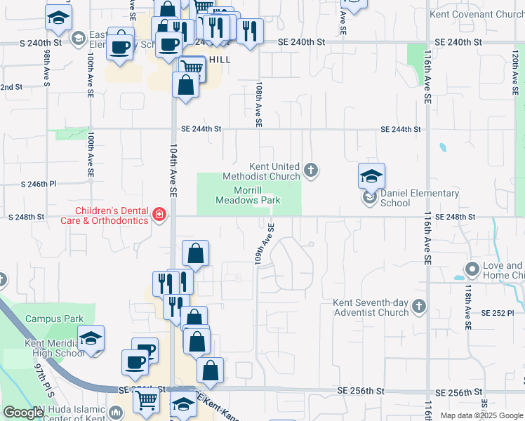 map of restaurants, bars, coffee shops, grocery stores, and more near 10806 Southeast 248th Street in Kent