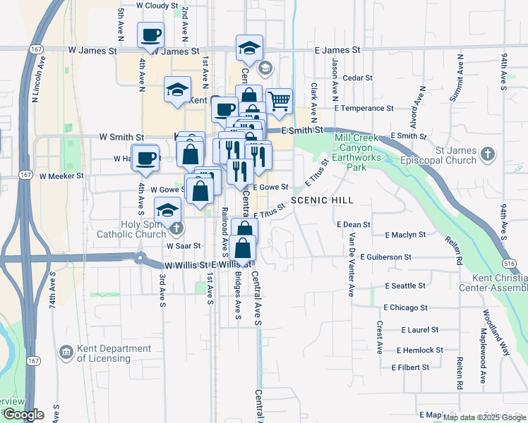 map of restaurants, bars, coffee shops, grocery stores, and more near in Kent