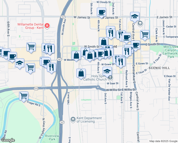 map of restaurants, bars, coffee shops, grocery stores, and more near 233 5th Avenue South in Kent