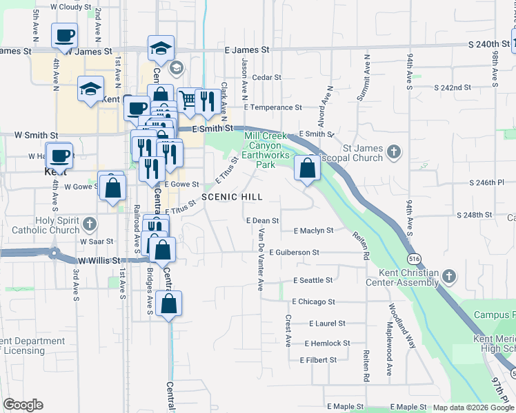 map of restaurants, bars, coffee shops, grocery stores, and more near 722 East Tacoma Street in Kent