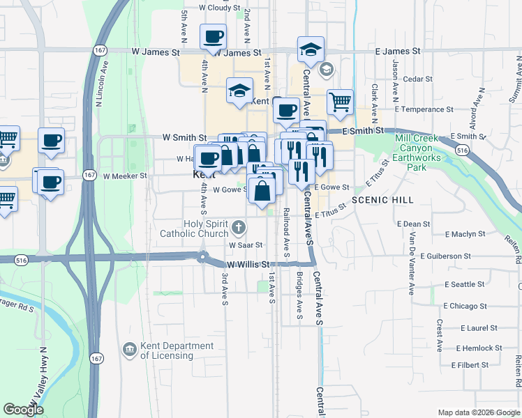 map of restaurants, bars, coffee shops, grocery stores, and more near 226 Titusville Alley in Kent