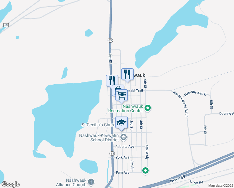 map of restaurants, bars, coffee shops, grocery stores, and more near 107 Central Avenue in Nashwauk