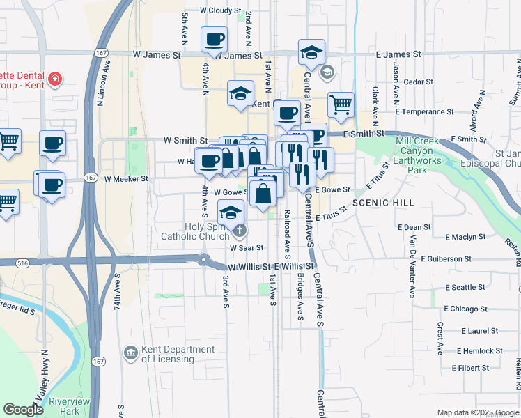 map of restaurants, bars, coffee shops, grocery stores, and more near 212 1st Avenue South in Kent