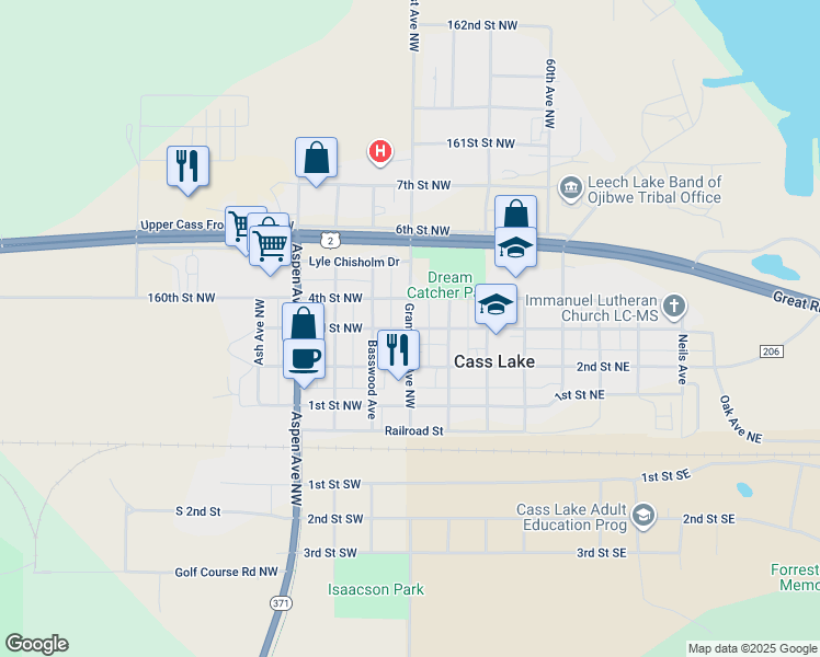 map of restaurants, bars, coffee shops, grocery stores, and more near 3rd Street Northwest in Cass Lake