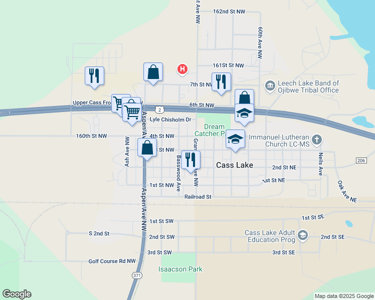 map of restaurants, bars, coffee shops, grocery stores, and more near 3rd Street Northwest in Cass Lake