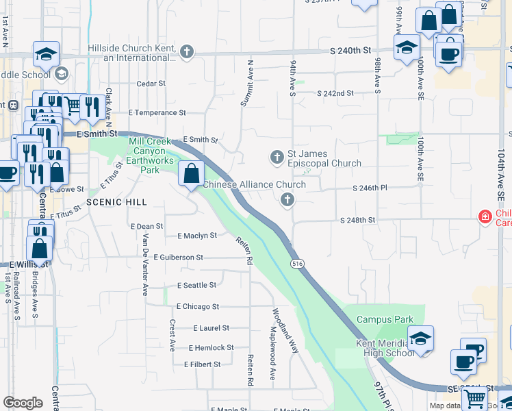 map of restaurants, bars, coffee shops, grocery stores, and more near 1256 Weiland Street in Kent