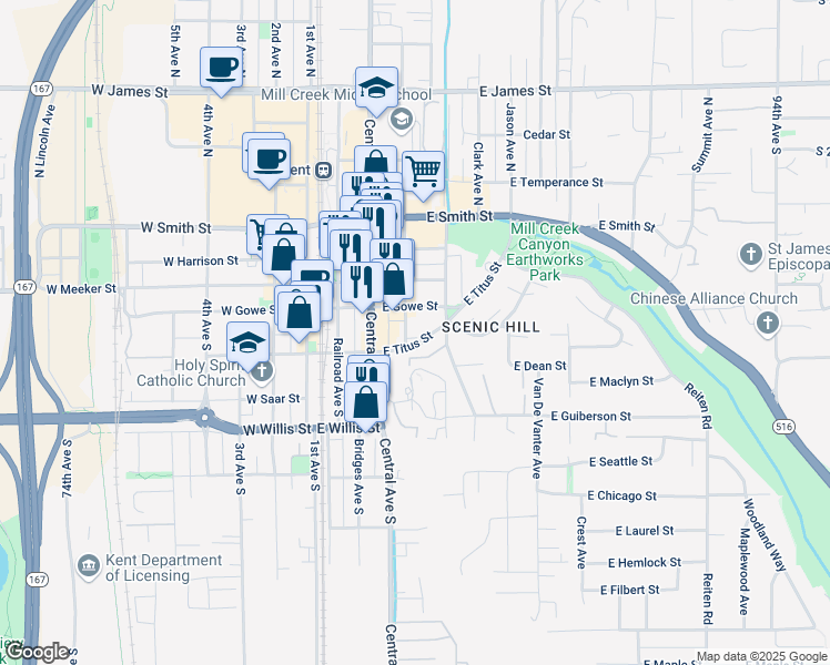 map of restaurants, bars, coffee shops, grocery stores, and more near 409 East Titus Street in Kent