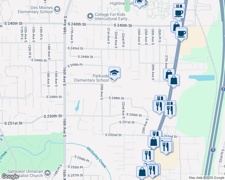 map of restaurants, bars, coffee shops, grocery stores, and more near 24700 21st Avenue South in Des Moines
