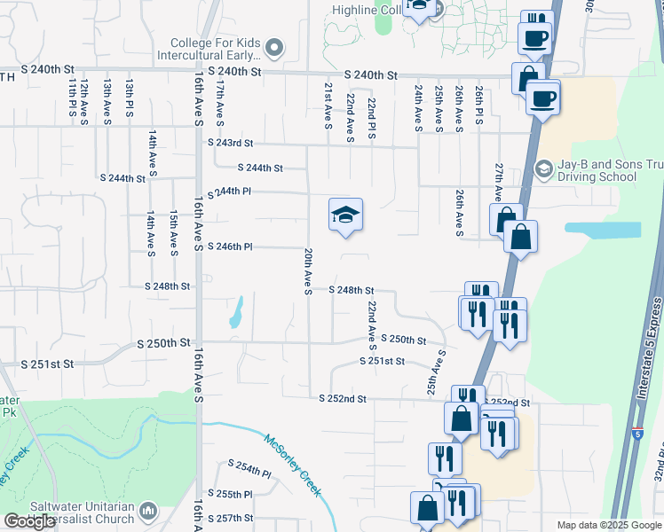map of restaurants, bars, coffee shops, grocery stores, and more near 24701 21st Avenue South in Des Moines