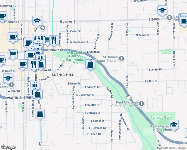 map of restaurants, bars, coffee shops, grocery stores, and more near 222 Olympic Way in Kent