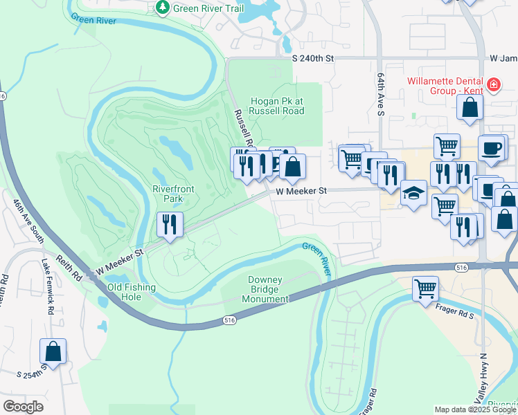 map of restaurants, bars, coffee shops, grocery stores, and more near 2020 West Meeker Street in Kent