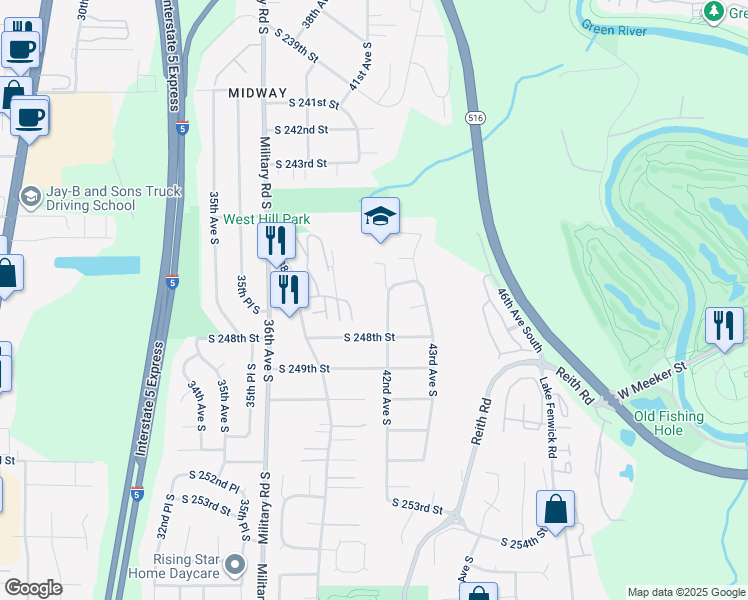 map of restaurants, bars, coffee shops, grocery stores, and more near 24629 42nd Avenue South in Kent