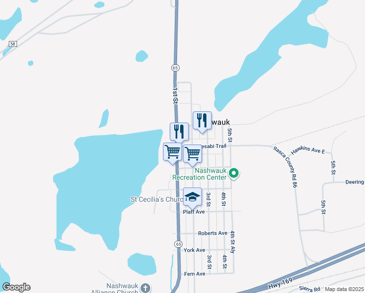 map of restaurants, bars, coffee shops, grocery stores, and more near 107 Central Avenue in Nashwauk