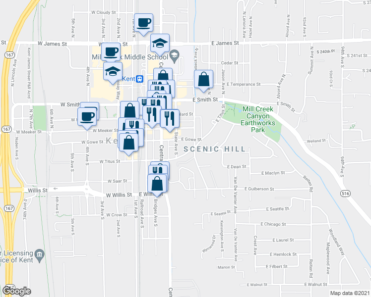 map of restaurants, bars, coffee shops, grocery stores, and more near 409 E Titus St in Kent