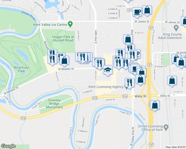map of restaurants, bars, coffee shops, grocery stores, and more near 6500 South 246th Street in Kent