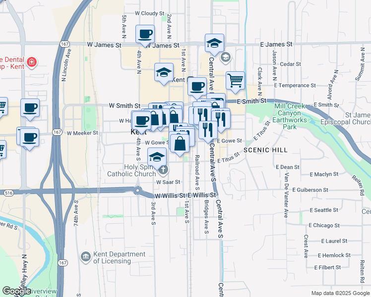 map of restaurants, bars, coffee shops, grocery stores, and more near 212 1st Avenue South in Kent