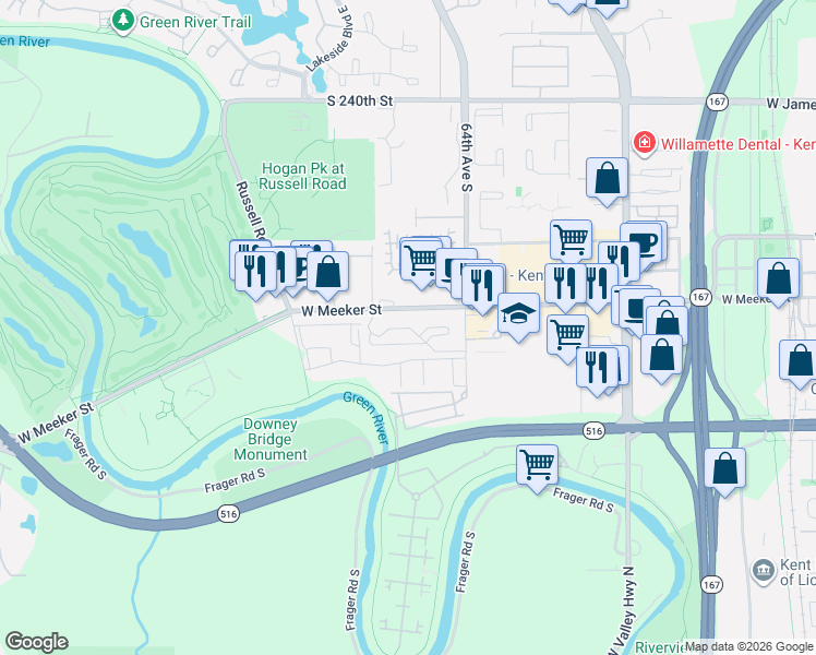 map of restaurants, bars, coffee shops, grocery stores, and more near 6600 South 246th Street in Kent