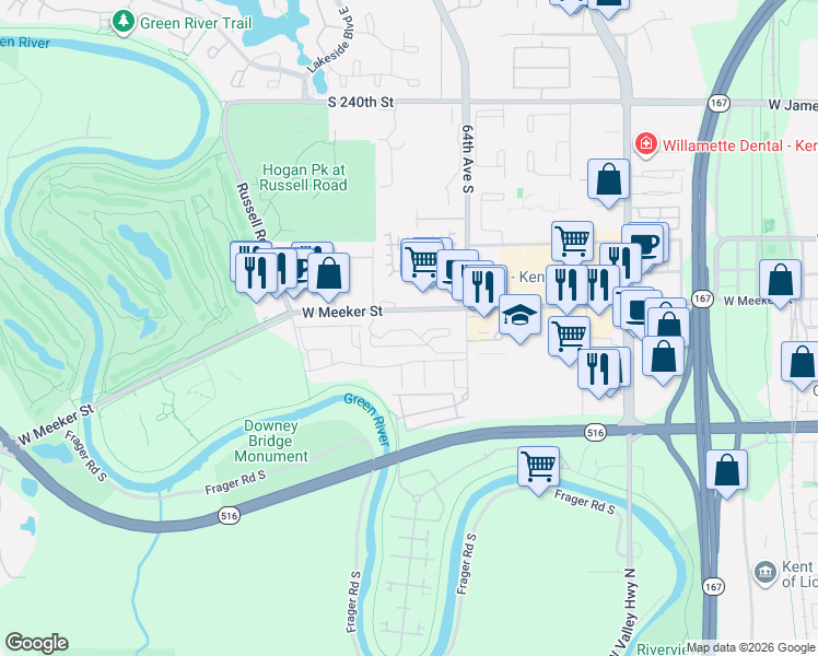 map of restaurants, bars, coffee shops, grocery stores, and more near 6600 South 246th Street in Kent