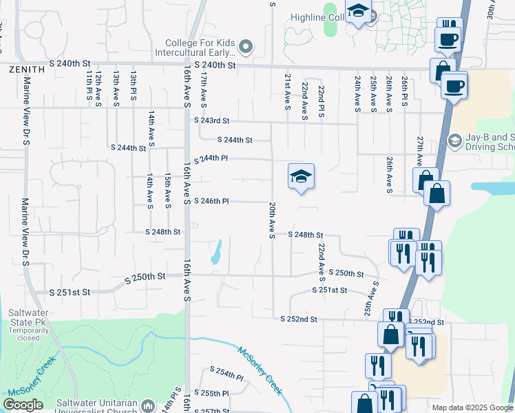 map of restaurants, bars, coffee shops, grocery stores, and more near 1839 South 246th Place in Des Moines