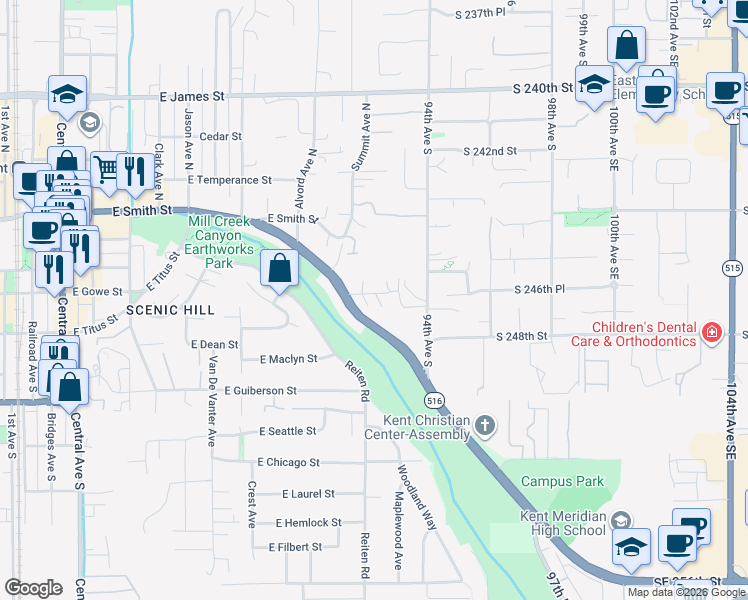 map of restaurants, bars, coffee shops, grocery stores, and more near 1256 Weiland Street in Kent
