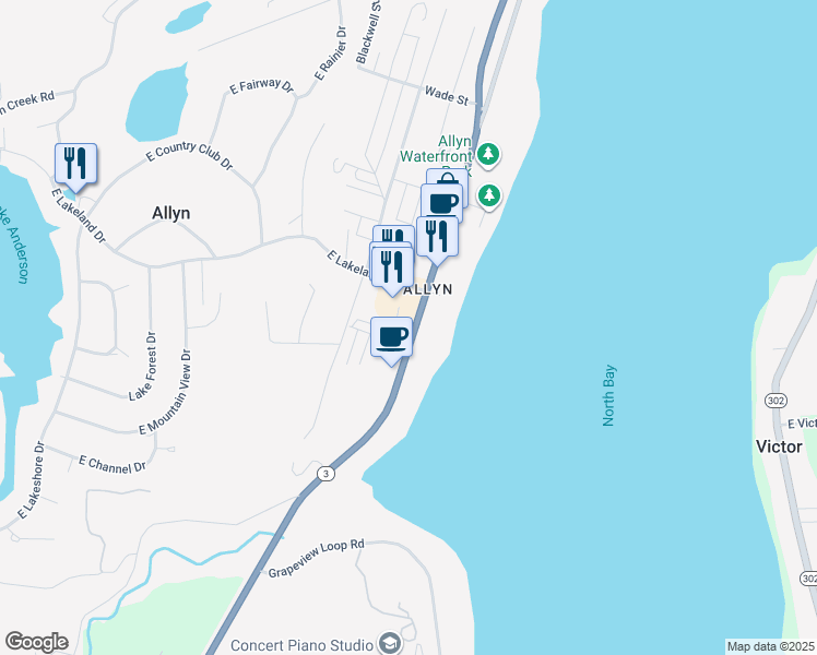 map of restaurants, bars, coffee shops, grocery stores, and more near 18281 Washington 3 in Allyn