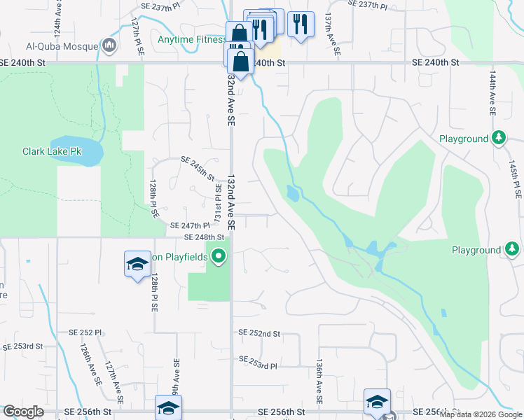 map of restaurants, bars, coffee shops, grocery stores, and more near 13236 Southeast 247th Street in Kent