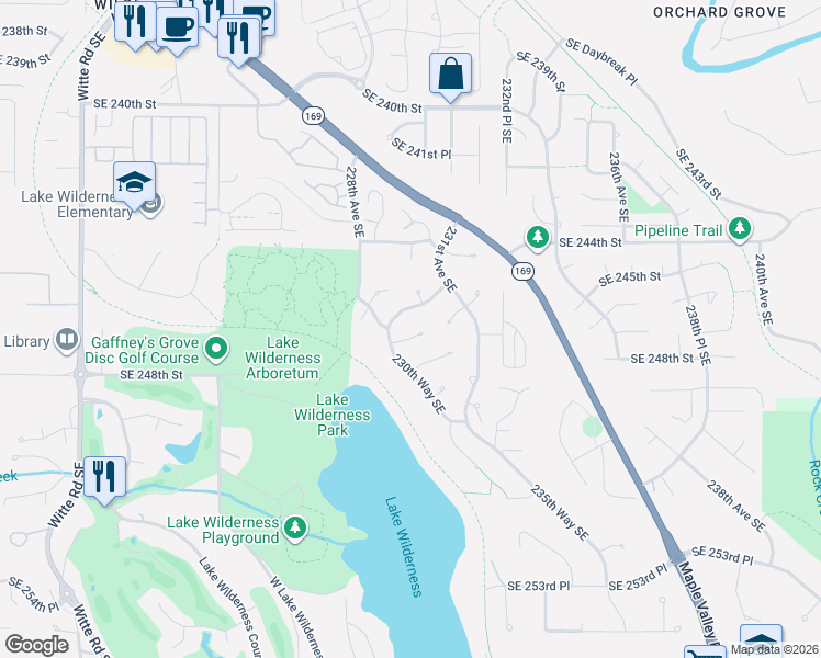 map of restaurants, bars, coffee shops, grocery stores, and more near 23018 Southeast 247th Court in Maple Valley