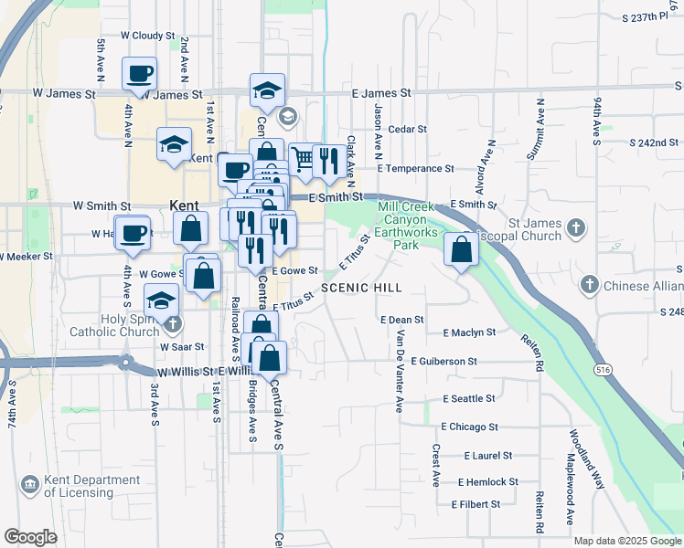 map of restaurants, bars, coffee shops, grocery stores, and more near 516 Kenosia Avenue South in Kent