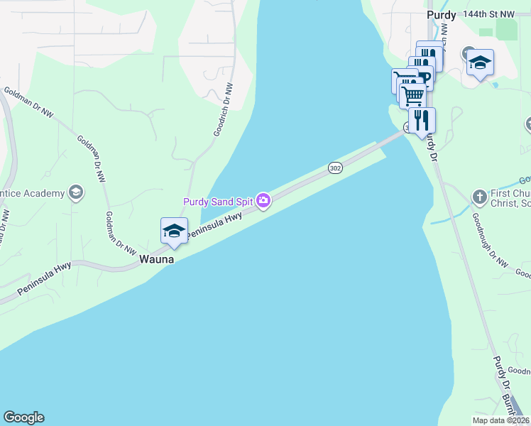 map of restaurants, bars, coffee shops, grocery stores, and more near 7199 Highway 302 in Gig Harbor