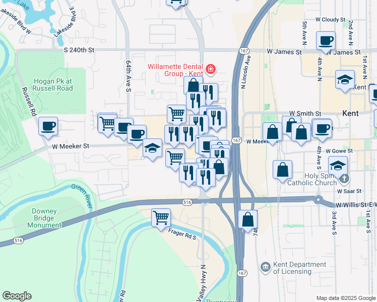 map of restaurants, bars, coffee shops, grocery stores, and more near 1236 West Meeker Street in Kent