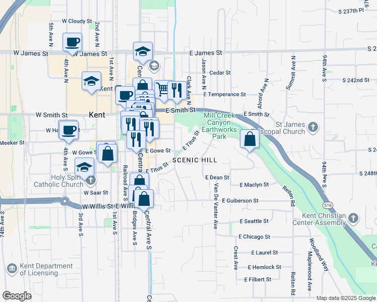 map of restaurants, bars, coffee shops, grocery stores, and more near 516 Kenosia Avenue South in Kent