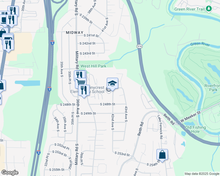 map of restaurants, bars, coffee shops, grocery stores, and more near 24629 42nd Avenue South in Kent