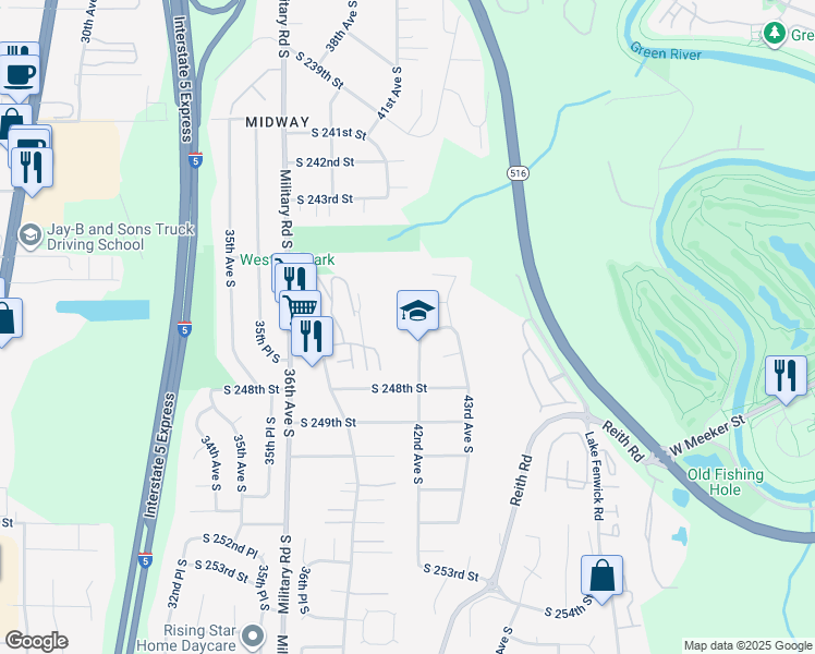 map of restaurants, bars, coffee shops, grocery stores, and more near 24629 42nd Avenue South in Kent
