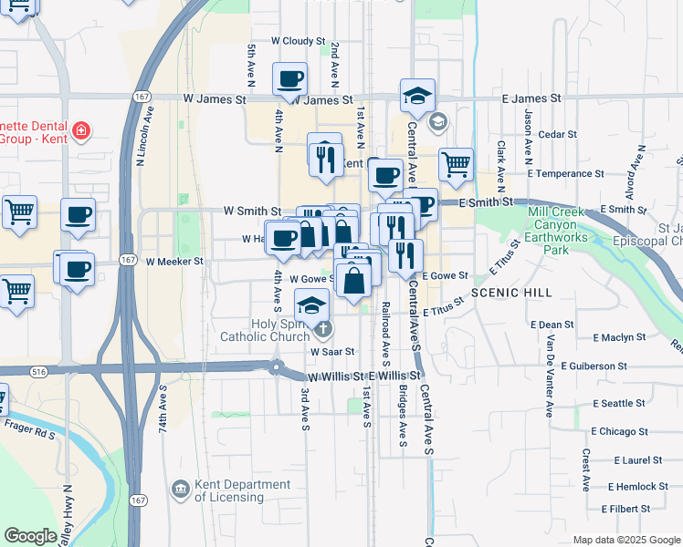 map of restaurants, bars, coffee shops, grocery stores, and more near 232 2nd Avenue South in Kent