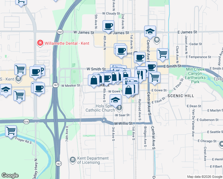 map of restaurants, bars, coffee shops, grocery stores, and more near 220 4th Avenue South in Kent