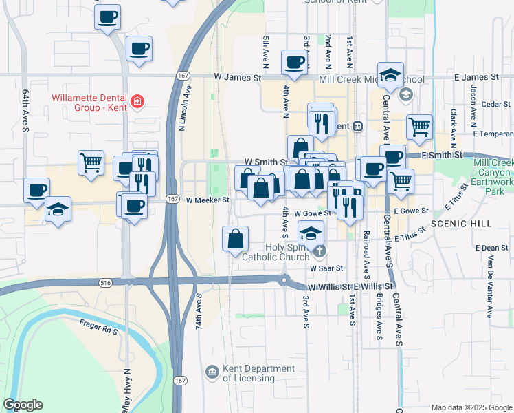 map of restaurants, bars, coffee shops, grocery stores, and more near 616 West Gowe Street in Kent