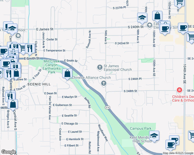 map of restaurants, bars, coffee shops, grocery stores, and more near 1259 Weiland Street in Kent