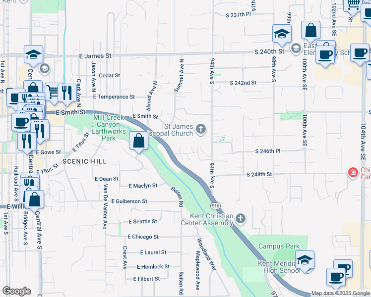 map of restaurants, bars, coffee shops, grocery stores, and more near 1256 Weiland Street in Kent
