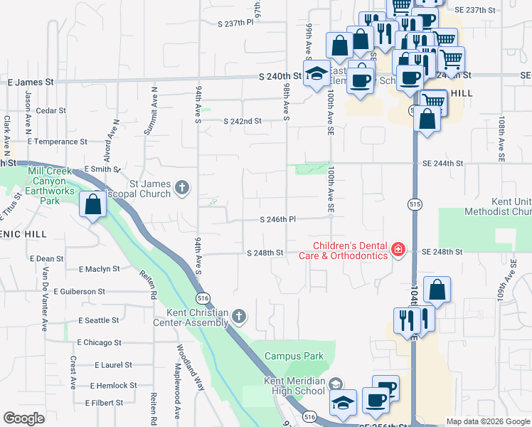 map of restaurants, bars, coffee shops, grocery stores, and more near 9712 South 245th Place in Kent