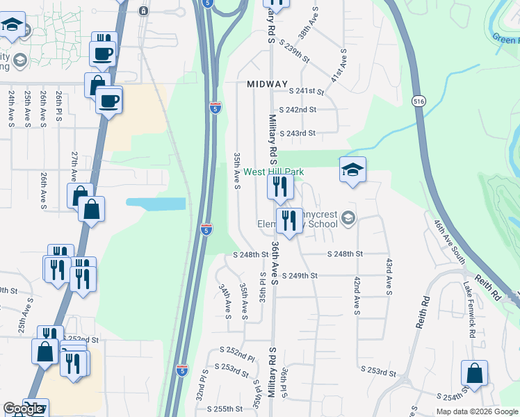 map of restaurants, bars, coffee shops, grocery stores, and more near 24426 35th Place South in Kent