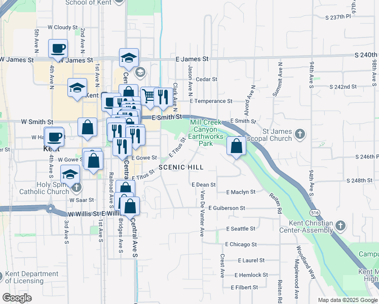 map of restaurants, bars, coffee shops, grocery stores, and more near 634 East Titus Street in Kent