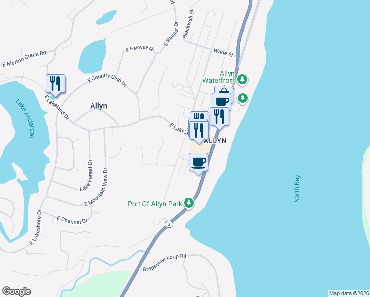 map of restaurants, bars, coffee shops, grocery stores, and more near 21 East Wheelwright Street South in Mason County