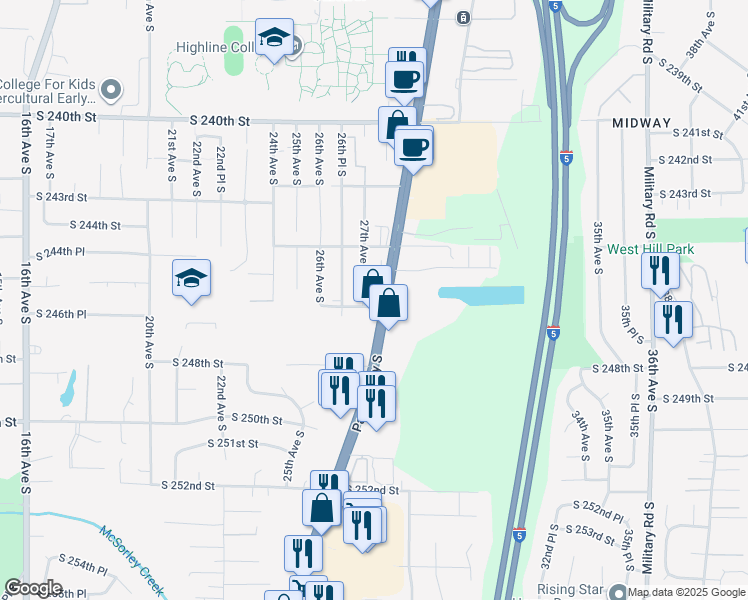 map of restaurants, bars, coffee shops, grocery stores, and more near 24453 Pacific Highway South in Kent