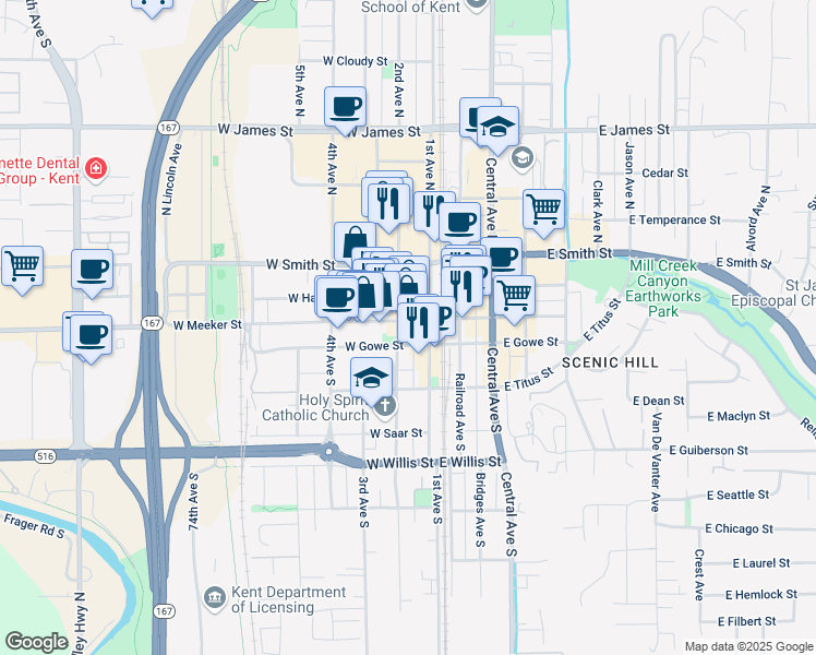 map of restaurants, bars, coffee shops, grocery stores, and more near 111 2nd Avenue North in Kent