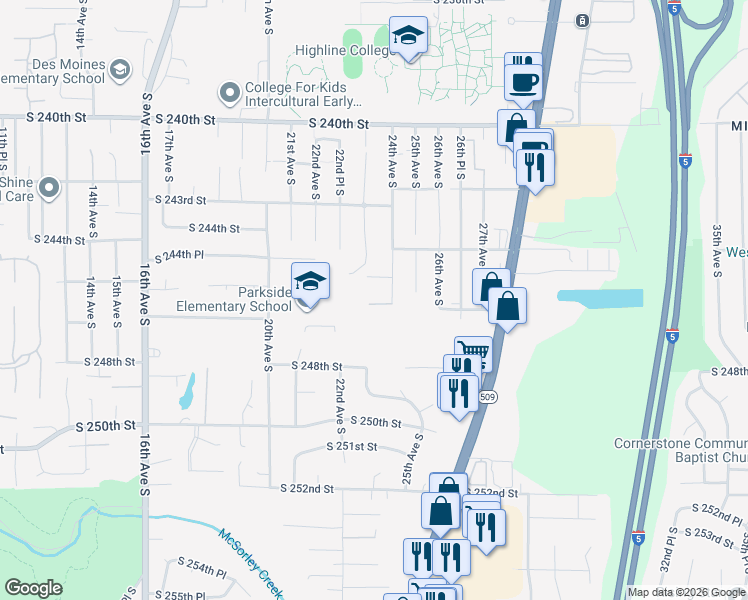 map of restaurants, bars, coffee shops, grocery stores, and more near 24424 23rd Avenue South in Des Moines
