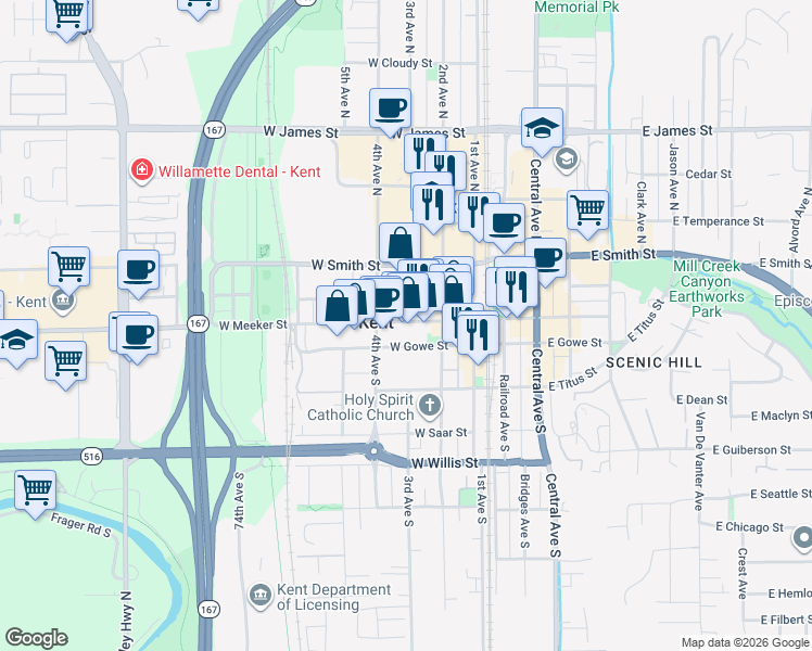 map of restaurants, bars, coffee shops, grocery stores, and more near 220 4th Avenue South in Kent