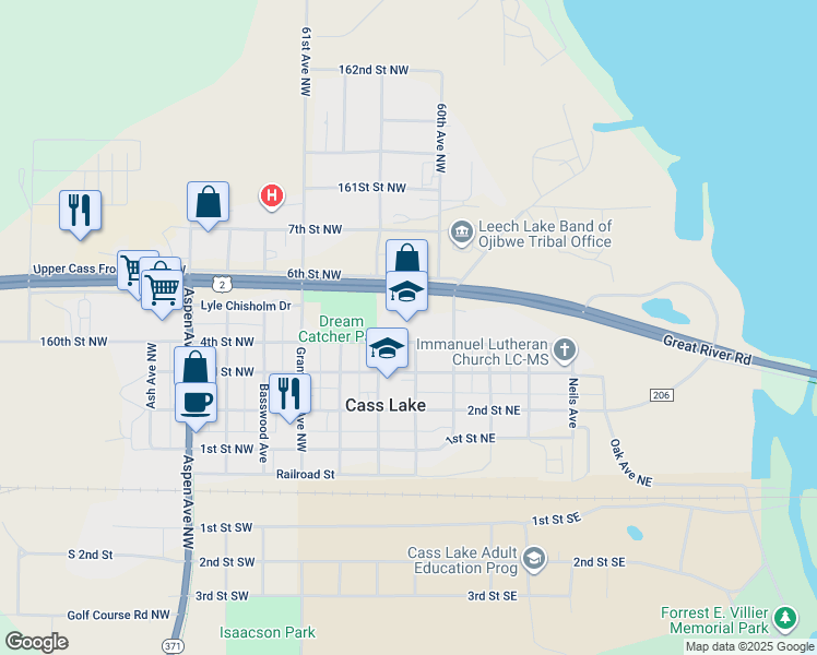 map of restaurants, bars, coffee shops, grocery stores, and more near 15 4th Street Northwest in Cass Lake