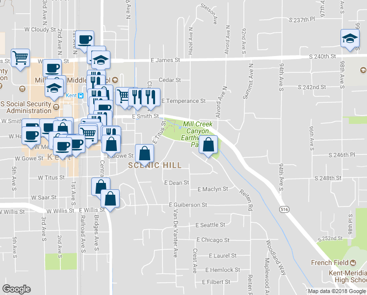 map of restaurants, bars, coffee shops, grocery stores, and more near 108 Kensington Avenue South in Kent