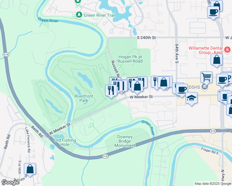 map of restaurants, bars, coffee shops, grocery stores, and more near 24713-24739 Russell Road in Kent